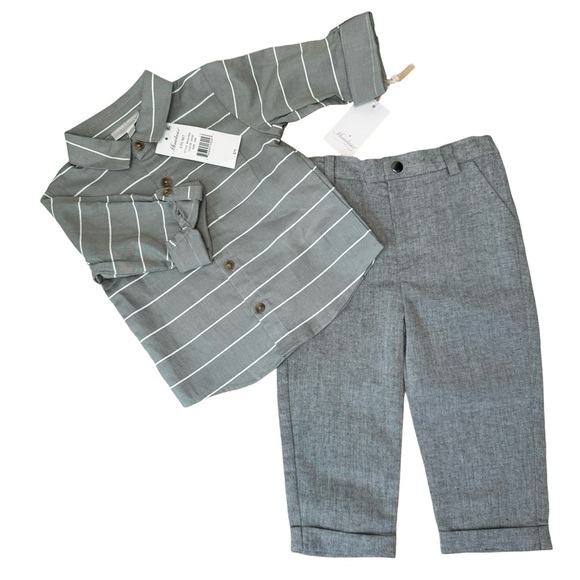NWT MINICLASIX 2 Piece Woven Striped Shirt and Pant Set Sage Grey Size 12M - Picture 2 of 16